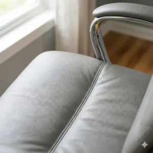 Detailed view of the high-quality stitching and grain texture of the light grey leather desk chair material.