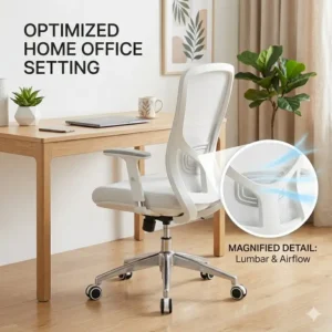 A stylish white office chair placed in a bright and minimalist home office workspace.