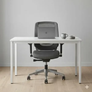 A minimalist home office setup featuring a sleek gray office chair under a white desk.