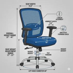 Illustration 3: Technical drawing showing height and width dimensions of a high-back blue office chair.