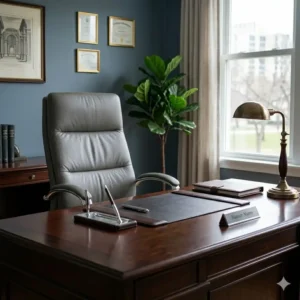 Professional high-back grey leather desk chair behind a dark wood executive desk.