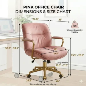 An illustration showing the height and width measurements of a swivel pink office chair.
