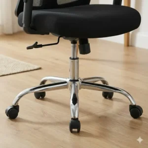 Illustration 3: Durable five-star nylon base and smooth-rolling casters of a black swivel chair.