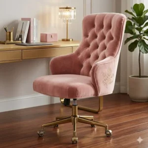 Luxurious blush pink computer chair featuring a gold-finished swivel base and velvet upholstery.