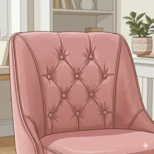 A compact pink velvet desk chair tucked under a white vanity in a small bedroom office.