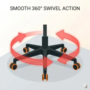 Graphic of the 360-degree swivel base and smooth wheels of an orange desk chair.