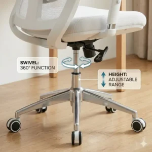 Close-up of the 360-degree swivel mechanism and chrome wheels of a white office chair.