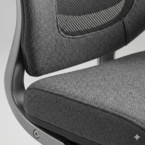 Detailed view of the premium charcoal fabric upholstery on a gray office chair.