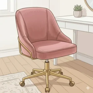 A sleek armless pink velvet desk chair with a 360-degree swivel base.