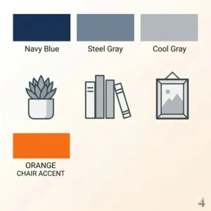 Color palette inspiration featuring a vibrant orange desk chair with neutral tones.