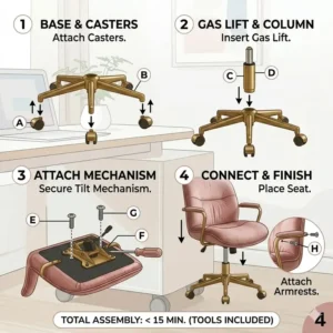 A simplified step-by-step assembly process for a modern pink office chair with tools included.