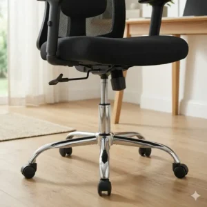 Illustration 4: A minimalist home office desk featuring a stylish black swivel chair on a hardwood floor.