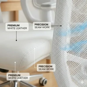 Close-up texture of the premium leather and precision stitching on a high-end white office chair.