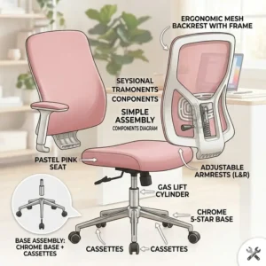Compact armless pink computer chair tucked under a small apartment workspace desk.