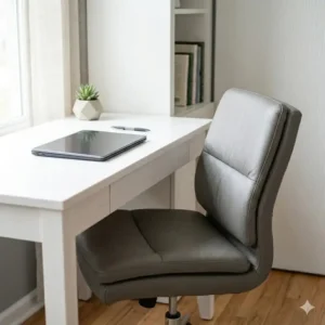 A compact, armless grey leather desk chair tucked under a small apartment workspace desk.