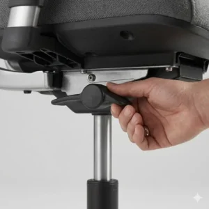 A person using the pneumatic lever to adjust the height of a gray office chair.