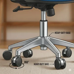The five-star nylon base and smooth-rolling casters of a royal blue office chair.