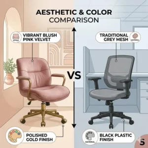 A visual comparison between a vibrant pink office chair and a traditional grey office chair.