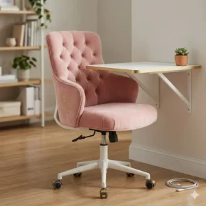 Simple illustration showing the easy assembly parts of a pastel pink computer chair.