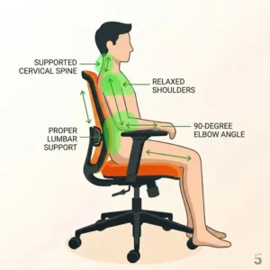 Diagram showing the ergonomic posture benefits of sitting in an orange desk chair.