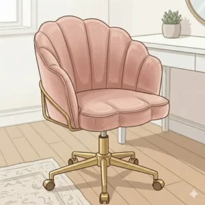 A chic scalloped shell-back pink velvet desk chair with chrome wheels.