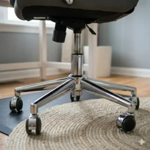 Heavy-duty 360-degree swivel base and rolling casters of a grey leather desk chair.