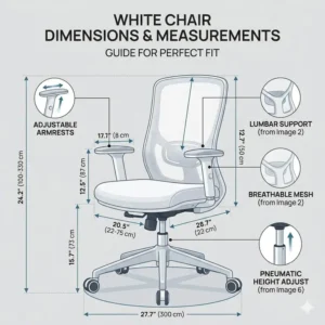 A comprehensive dimension guide showing the height and width measurements of the white office chair.