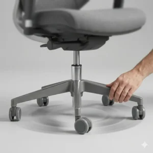The 360-degree swivel base and smooth-rolling casters of a gray office chair.