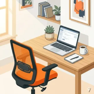 Step-by-step assembly illustration for a mid-back orange desk chair.
