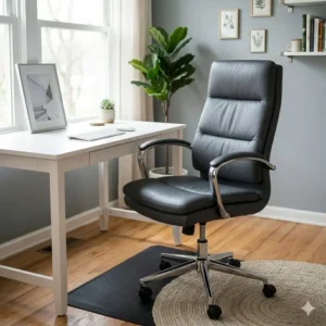 Deep charcoal grey leather desk chair paired with a white desk for a high-contrast aesthetic