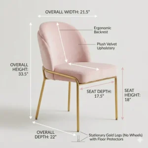 A detailed measurement chart for the light pink desk chair gold legs no wheels.