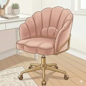 An ergonomically designed pink velvet desk chair with lumbar support for a student workspace.