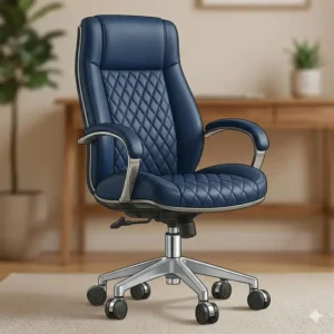 A luxury high-back executive blue office chair upholstered in deep blue vegan leather.