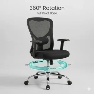 Illustration 6: Illustration showing the full 360-degree rotation capability of a professional black swivel chair.