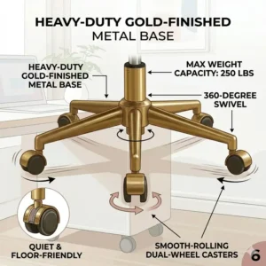 Illustration of the heavy-duty metal base and smooth-rolling casters of a pink office chair.