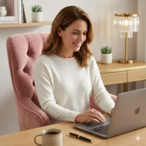 Creative professional sitting comfortably in a stylish pink computer chair while working on a laptop.
