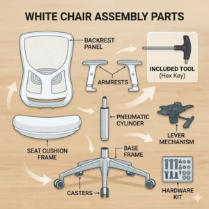 An exploded view diagram showing all the individual parts and tools for a white office chair assembly.