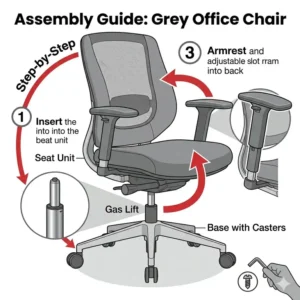 An easy-to-follow diagram showing the assembly process for a new gray office chair.