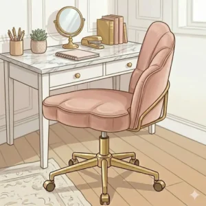 A complete office setup featuring a pink velvet desk chair, marble desk, and gold accessories.