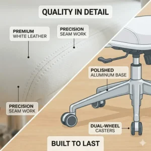 Several units of a white office chair arranged neatly around a large corporate conference table.
