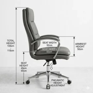 Diagram showing the adjustable height and width dimensions of a grey leather desk chair.
