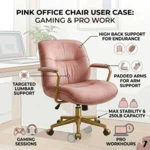A racing-style pink office chair designed for long gaming sessions and professional work hours.