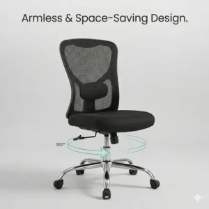 Illustration 7: A compact armless black swivel chair designed for small study desks or tight workspaces.