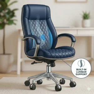 Illustration 7: Side view illustration demonstrating the built-in lumbar support of an ergonomic blue office chair.