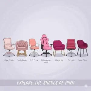 A lineup of different models and shades of pink computer chair for color comparison.