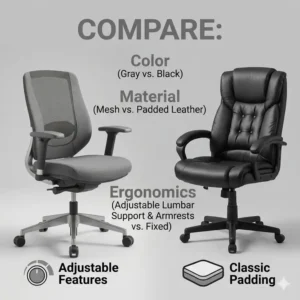 A visual comparison between a professional gray office chair and a standard black chair.
