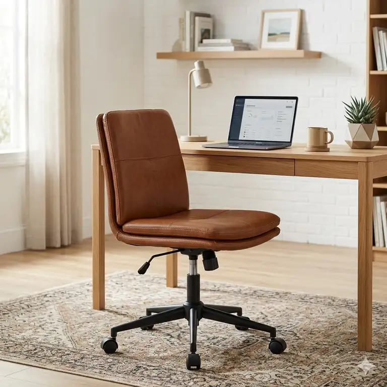Modern home office setup featuring a sleek armless leather desk chair in cognac brown tucked under a minimalist wooden desk.