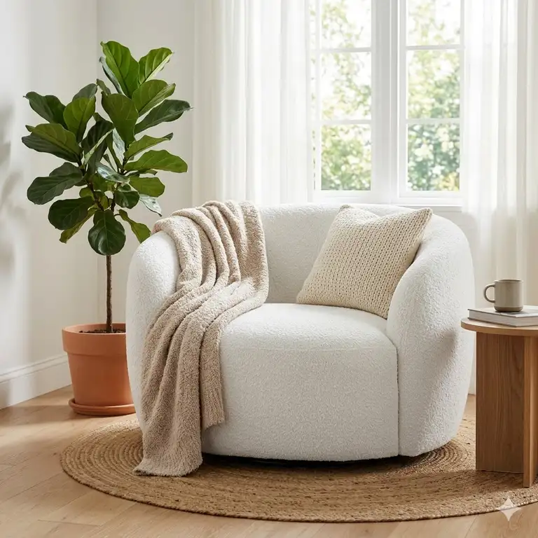 1: A luxury big round chair styled in a modern living room setting.