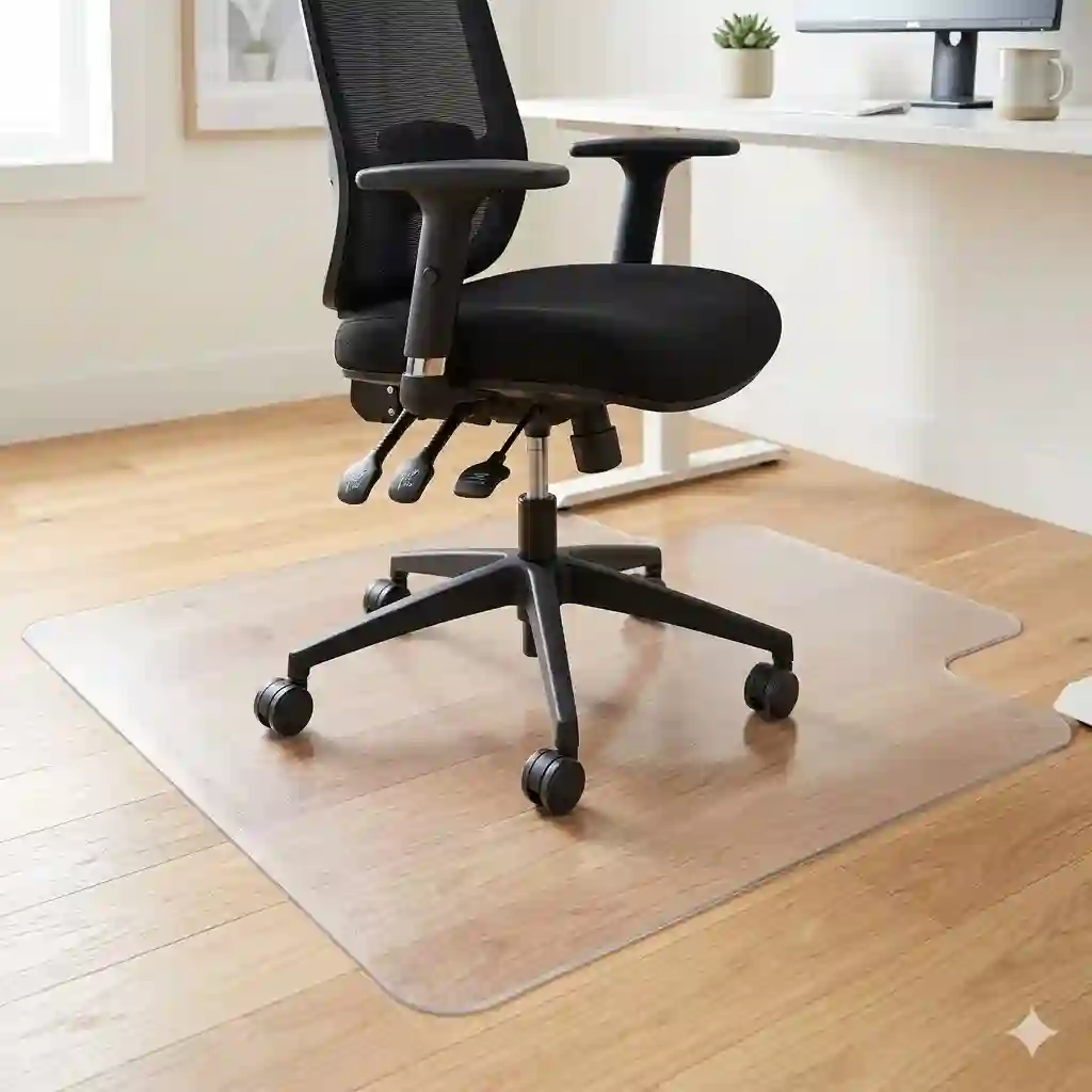 1. A premium clear office chair mat placed under a rolling ergonomic desk chair on a light hardwood floor.
