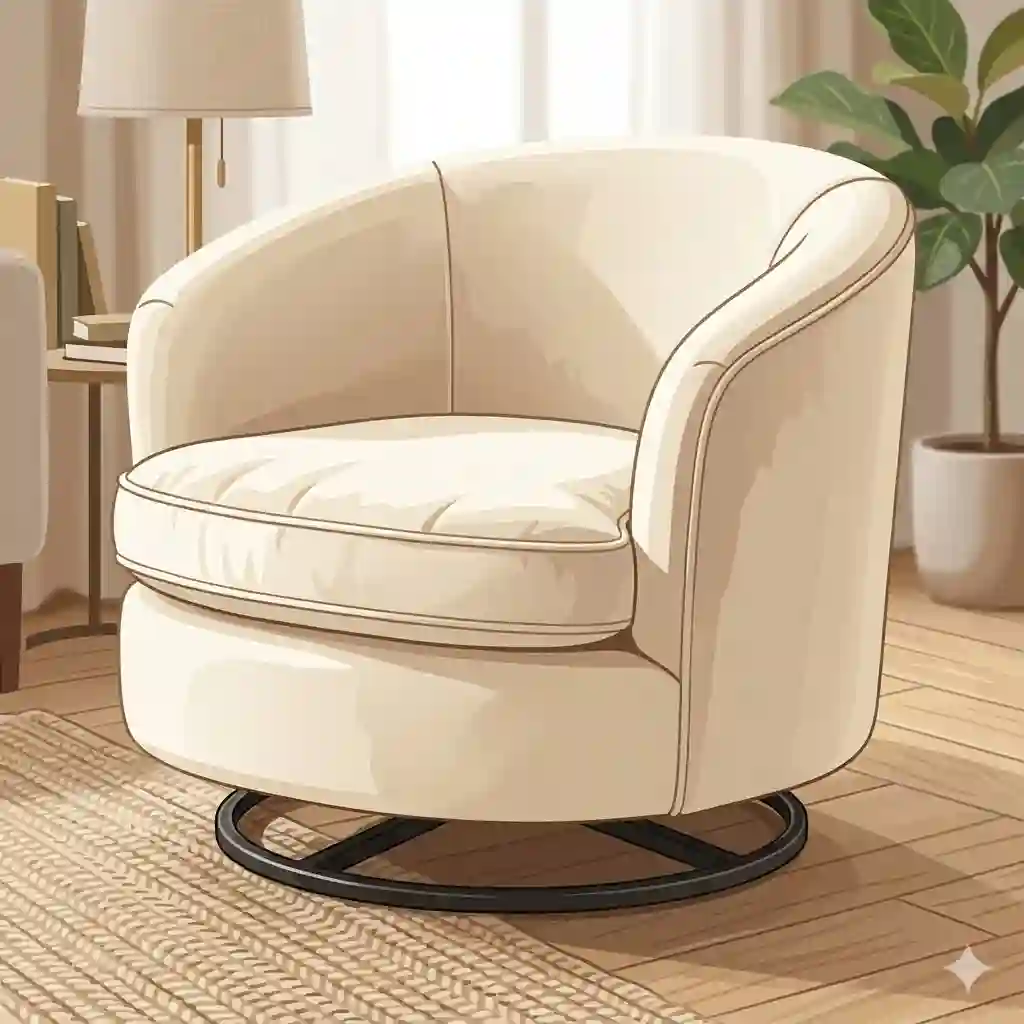 A luxurious cream velvet circle swivel chair styled in a modern minimalist living room.